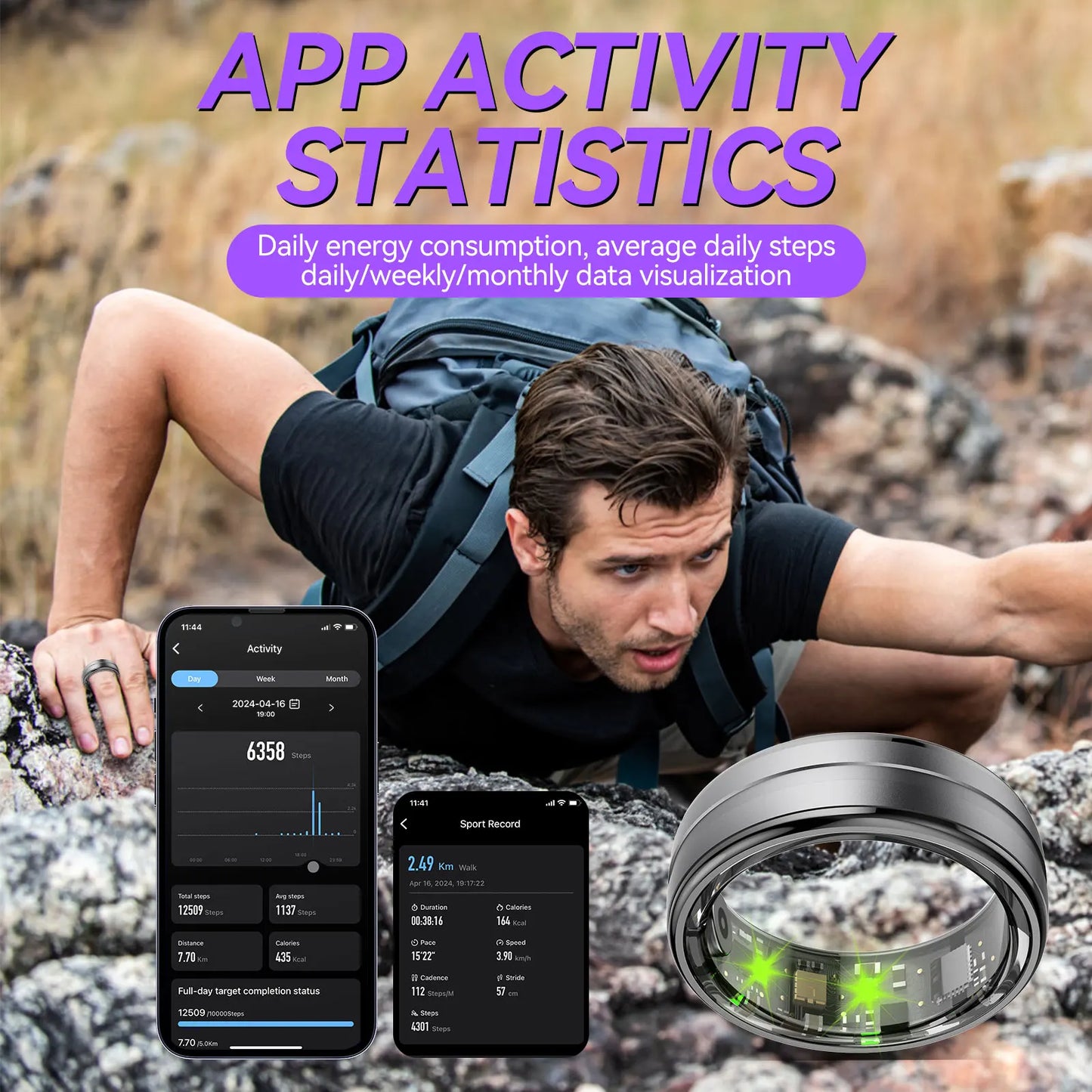 EIGIIS New R06 Smart Ring Men Women Heart Rate and Blood Oxygen Monitor IP68 & 5ATM Waterproof, Multi-sport Mode for Android IOS