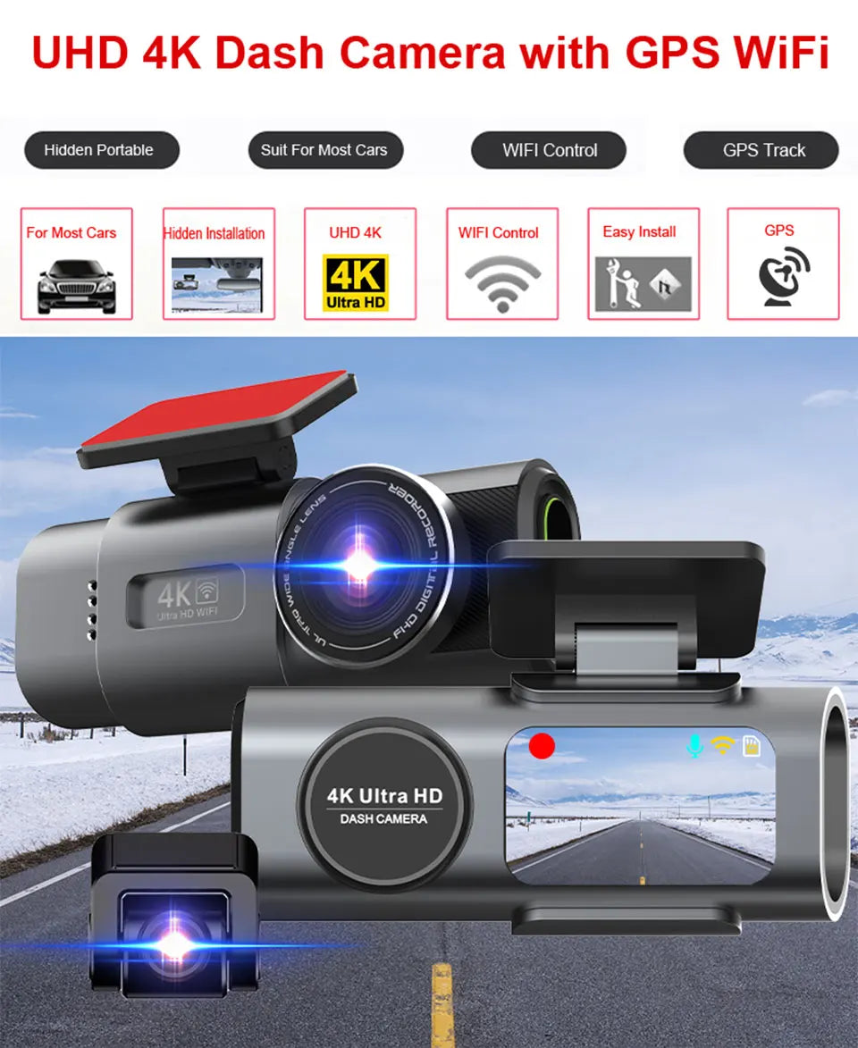 Dash Cam Dual Lens 4K UHD – Night Vision, Wi-Fi, GPS & 24H Parking Mode