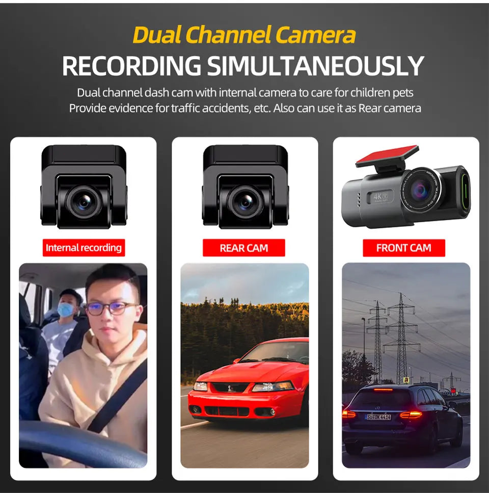 Dash Cam Dual Lens 4K UHD – Night Vision, Wi-Fi, GPS & 24H Parking Mode