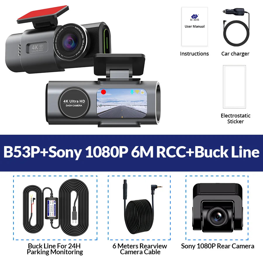 Dash Cam Dual Lens 4K UHD – Night Vision, Wi-Fi, GPS & 24H Parking Mode
