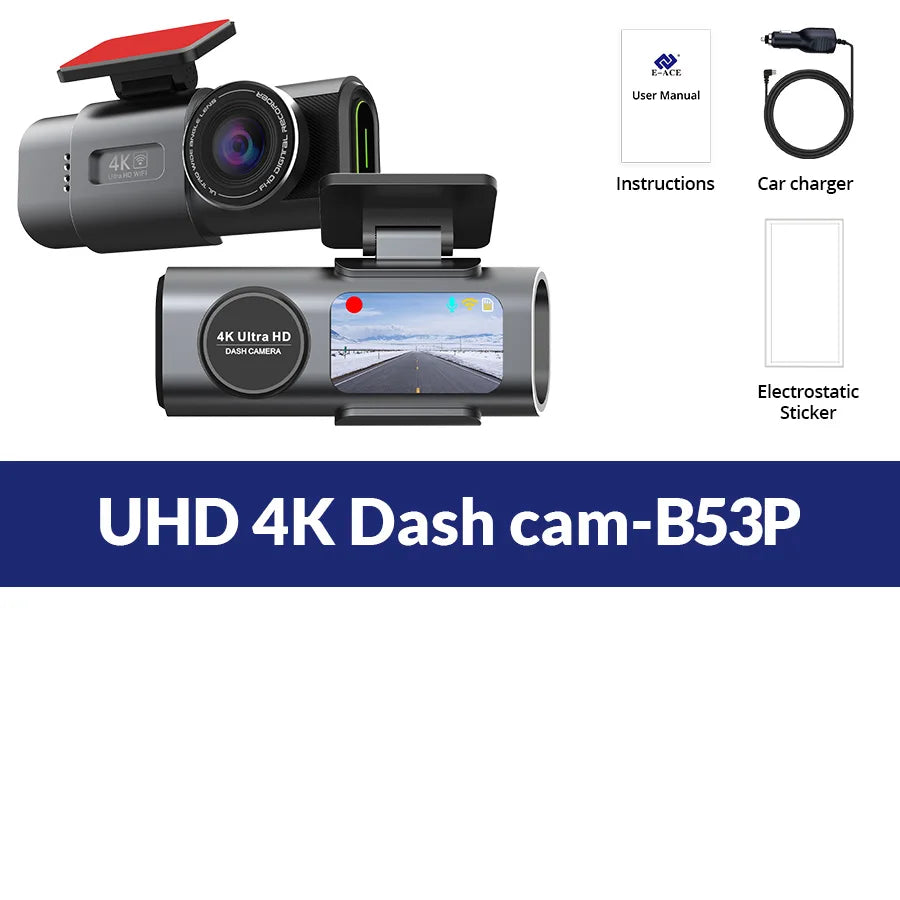 Dash Cam Dual Lens 4K UHD – Night Vision, Wi-Fi, GPS & 24H Parking Mode