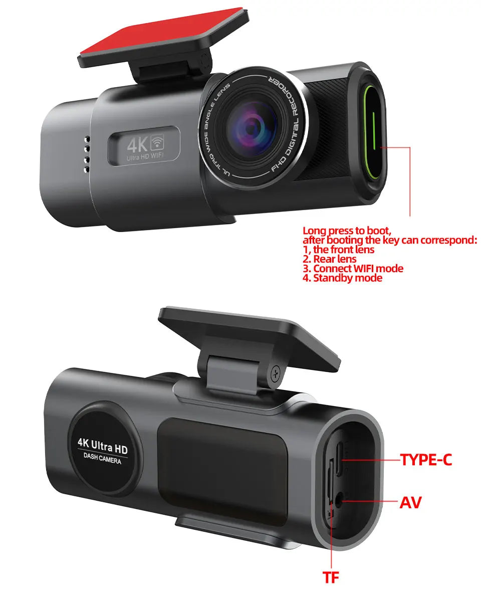 Dash Cam Dual Lens 4K UHD – Night Vision, Wi-Fi, GPS & 24H Parking Mode