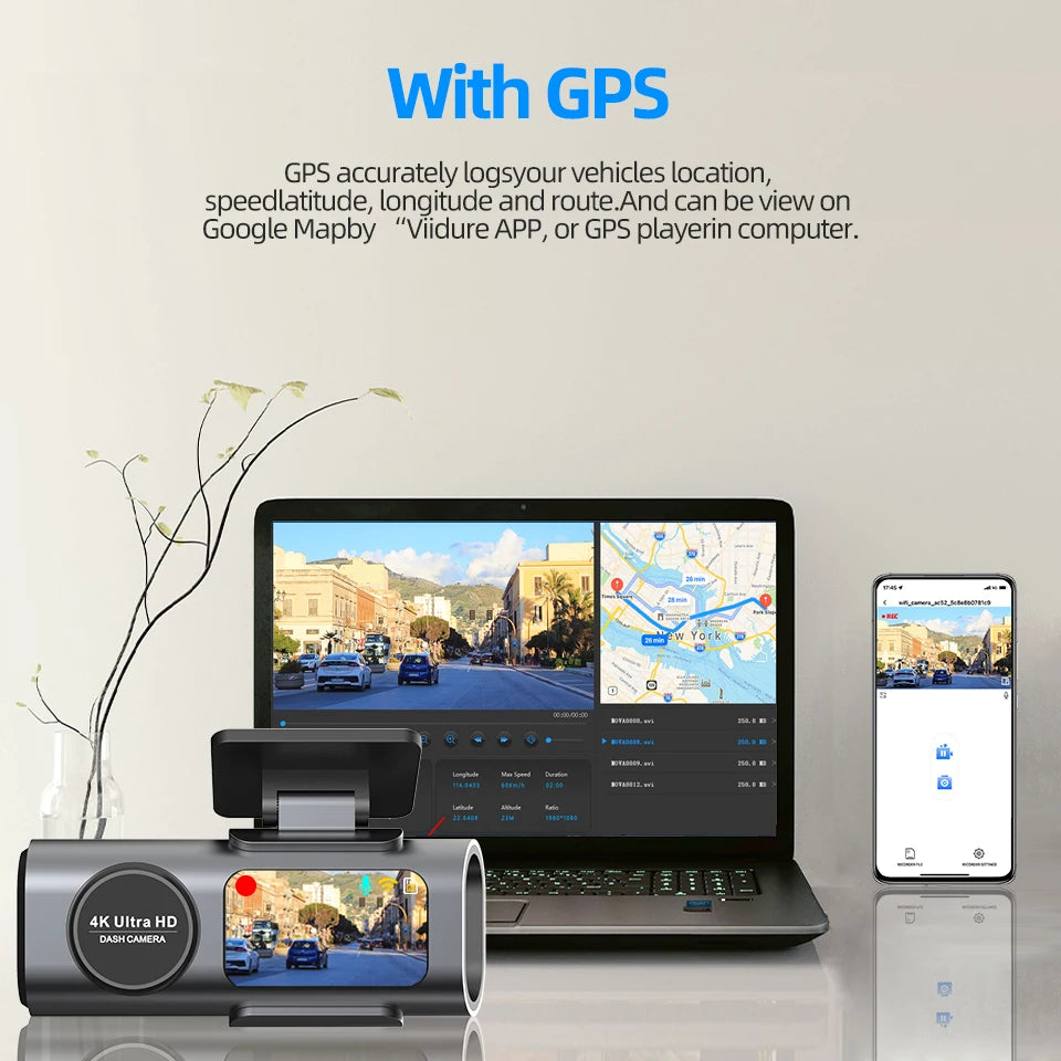 Dash Cam Dual Lens 4K UHD – Night Vision, Wi-Fi, GPS & 24H Parking Mode