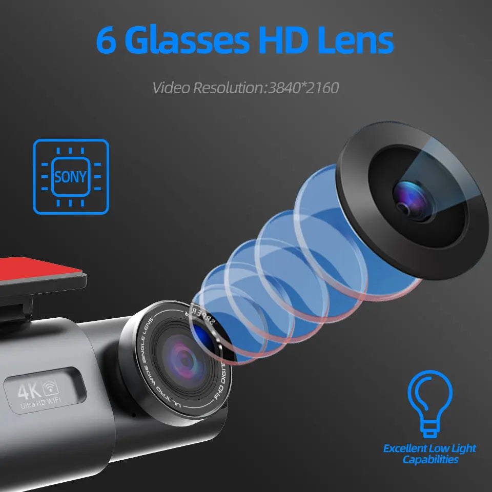 Dash Cam Dual Lens 4K UHD – Night Vision, Wi-Fi, GPS & 24H Parking Mode