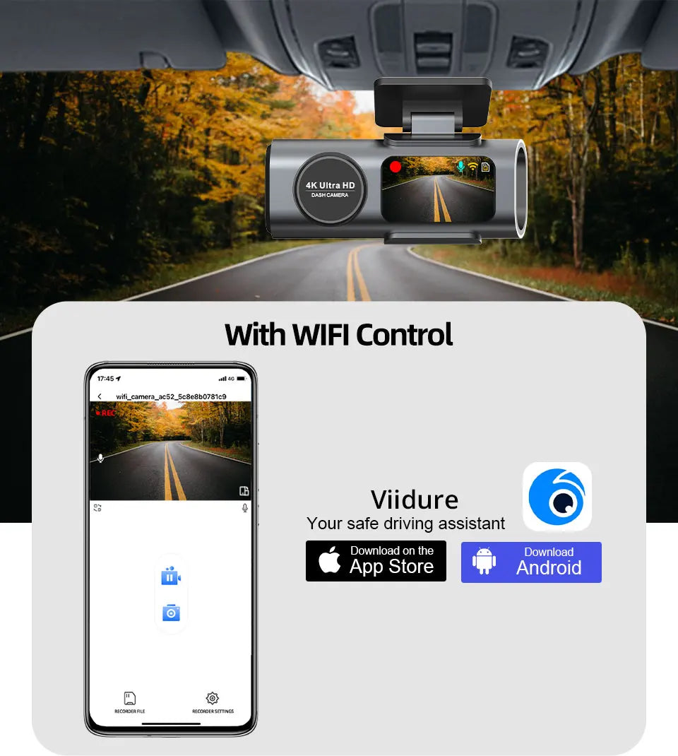 Dash Cam Dual Lens 4K UHD – Night Vision, Wi-Fi, GPS & 24H Parking Mode