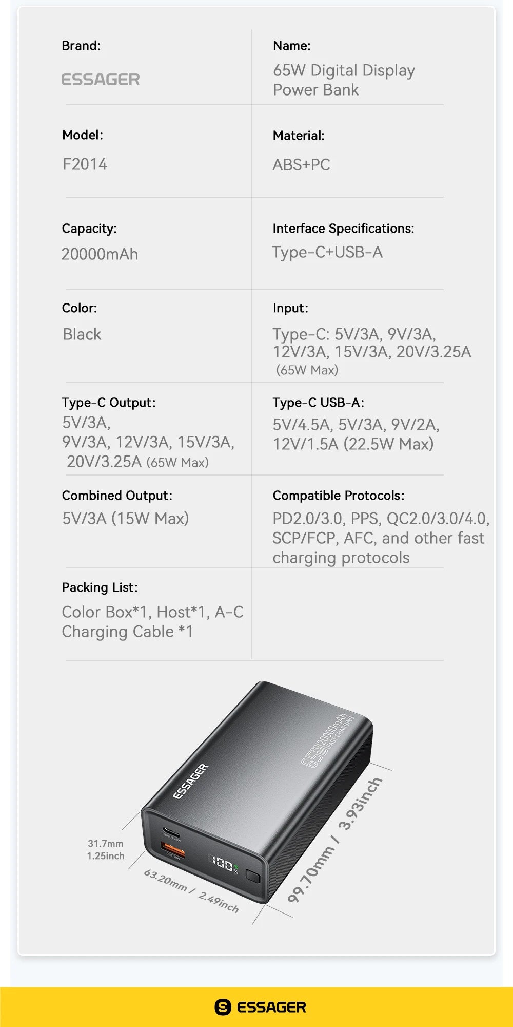 Essager 20000mAh QC3.0 PD3.0 Fast Charging Power Bank