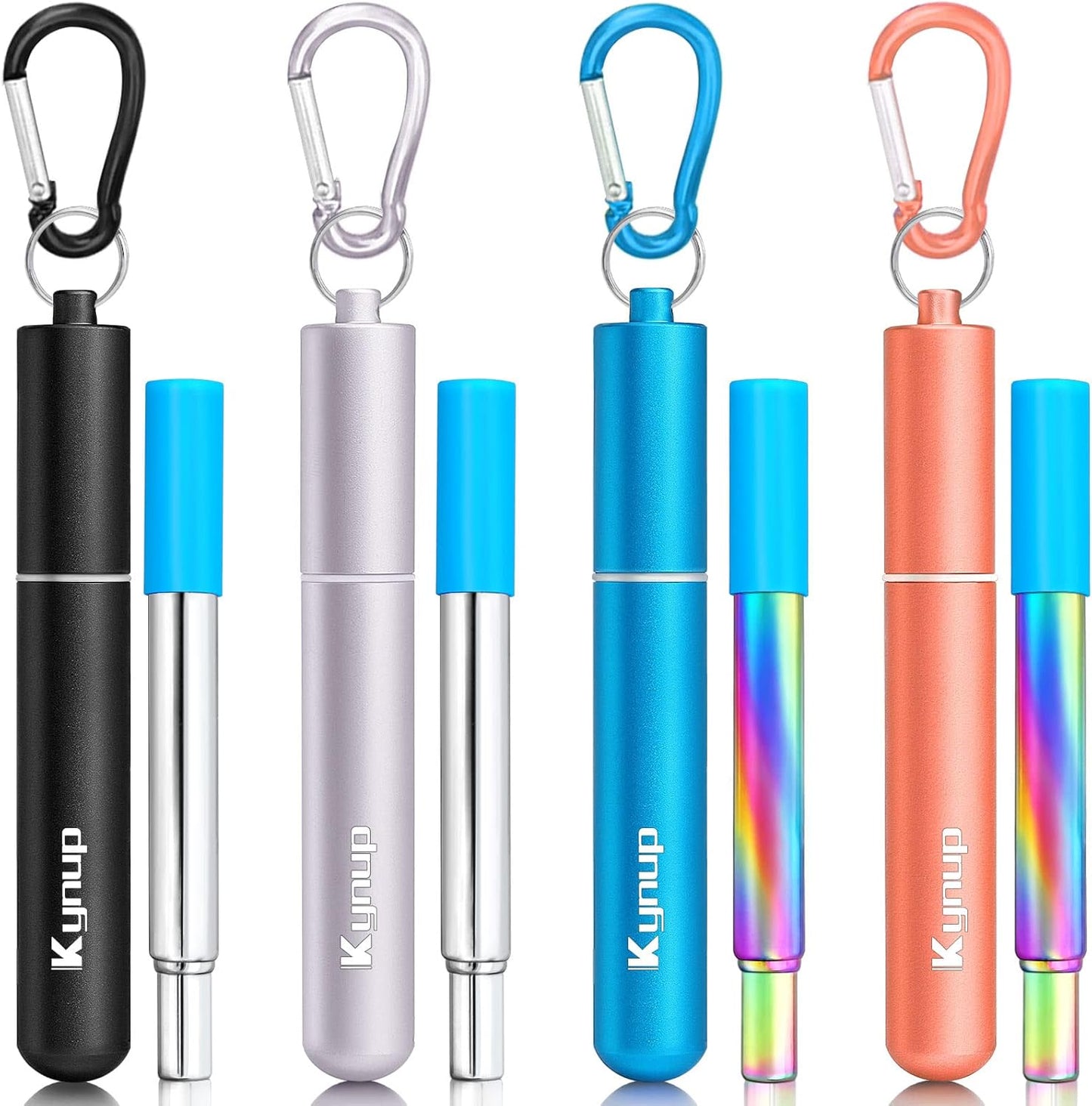 Kynup Reusable Straws, 4Pack Collapsible Portable Metal Straw Reusable Foldable Stainless Steel Drinking Travel Telescopic Straw with Case, Clean Brush, Keychain Gifts (Blue-Black- Rose Gold-Silver)