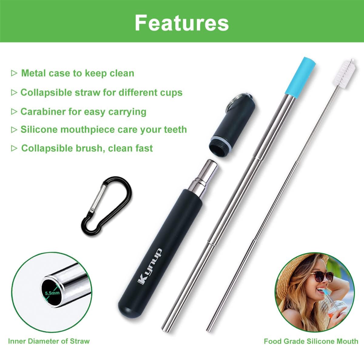 Kynup Reusable Straws, 4Pack Collapsible Portable Metal Straw Reusable Foldable Stainless Steel Drinking Travel Telescopic Straw with Case, Clean Brush, Keychain Gifts (Blue-Black- Rose Gold-Silver)