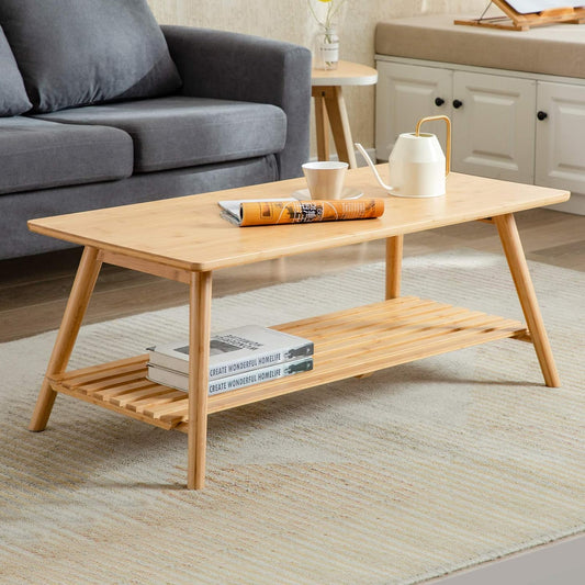 Nnewvante Foldable Bamboo Coffee Table – Mid-Century Desk & TV Stand with Open Storage Shelf