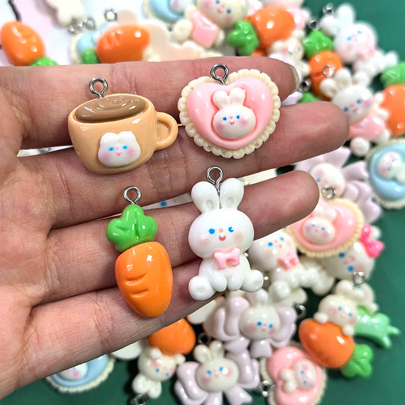 10/30pcs Cute Cartoon Carrot & Rabbit Resin Charms – Bulk Animal Pendants for DIY Earrings & Jewelry Making