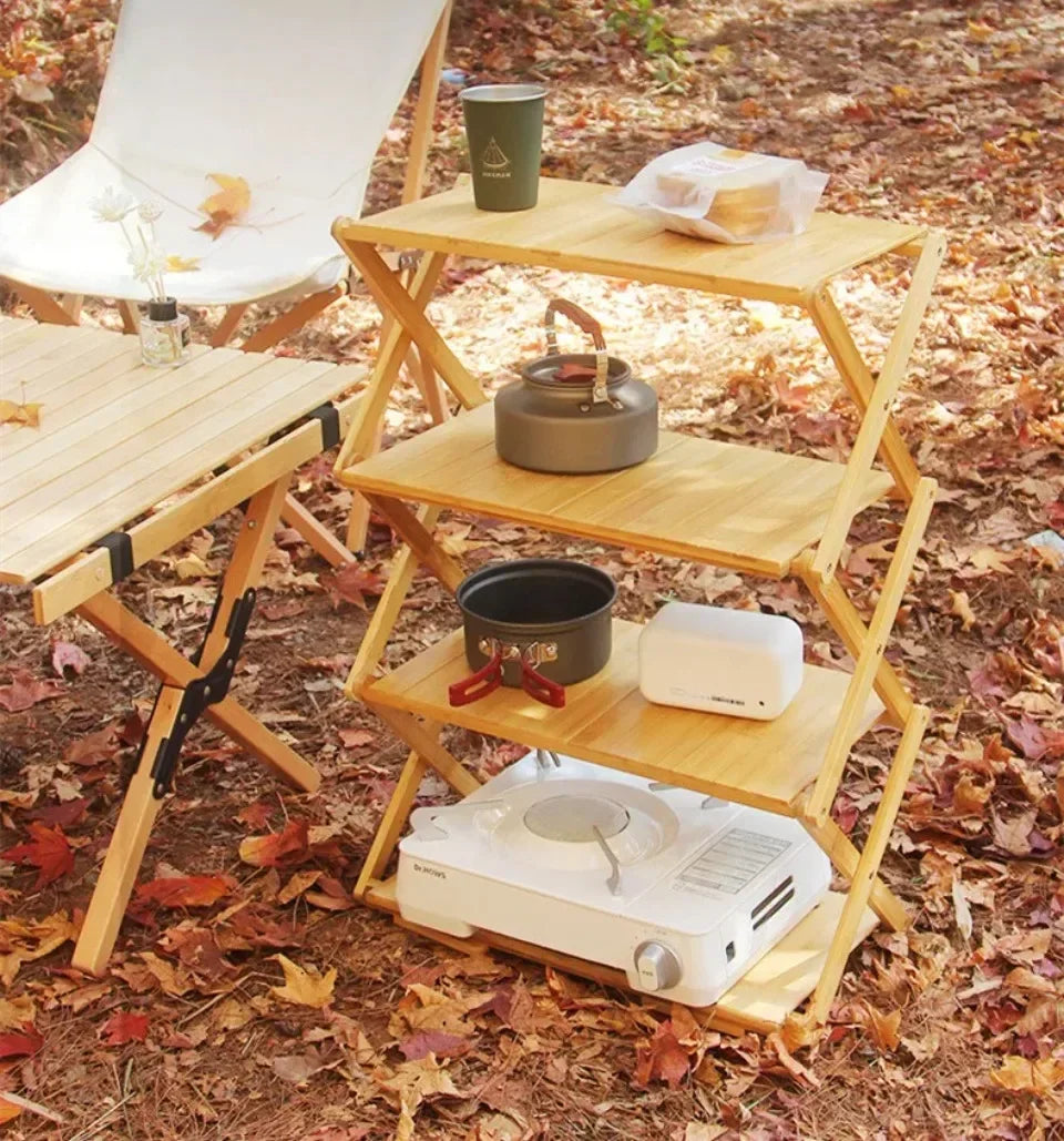 Multi-Tier Portable Folding Bamboo Camping Rack – Durable, High-Capacity & Versatile Picnic Table