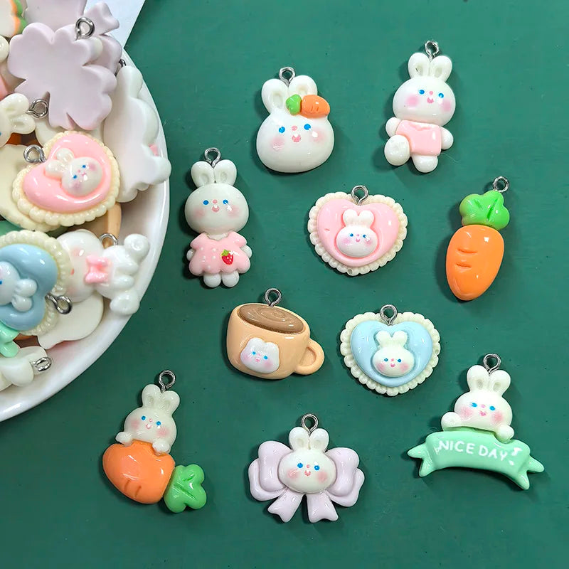 10/30pcs Cute Cartoon Carrot & Rabbit Resin Charms – Bulk Animal Pendants for DIY Earrings & Jewelry Making