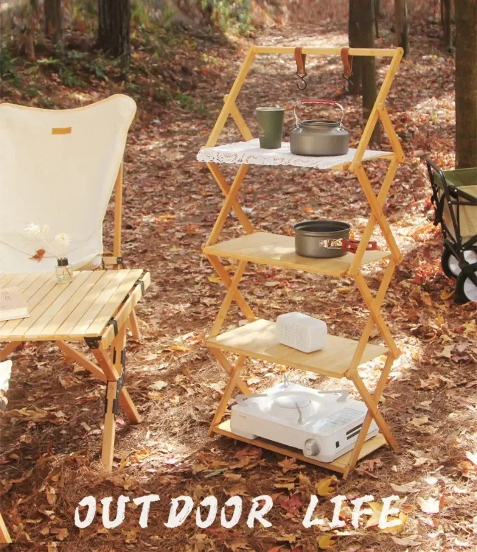 Multi-Tier Portable Folding Bamboo Camping Rack – Durable, High-Capacity & Versatile Picnic Table