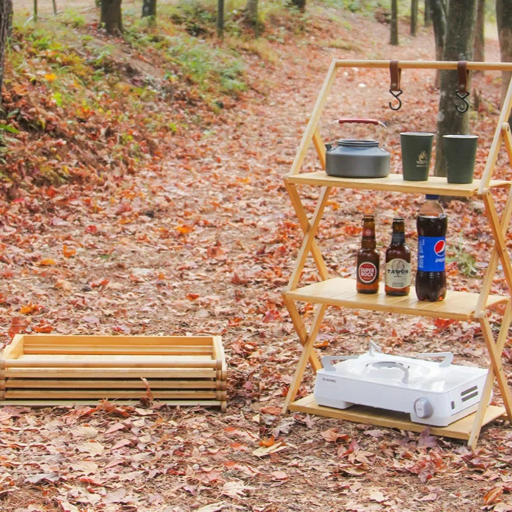 Multi-Tier Portable Folding Bamboo Camping Rack – Durable, High-Capacity & Versatile Picnic Table