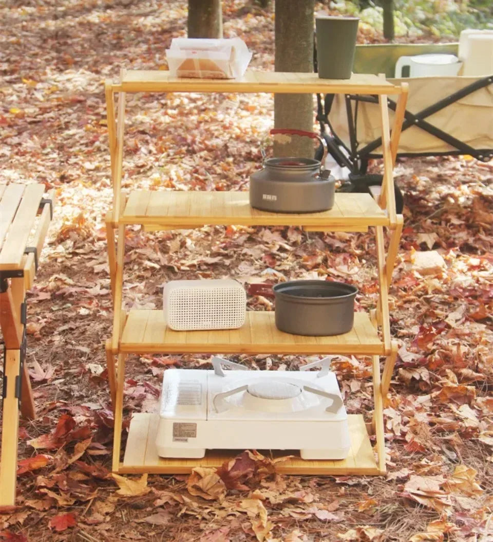 Multi-Tier Portable Folding Bamboo Camping Rack – Durable, High-Capacity & Versatile Picnic Table